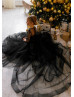 Black Lace Tulle Wedding Party Flower Girl Dress With Train